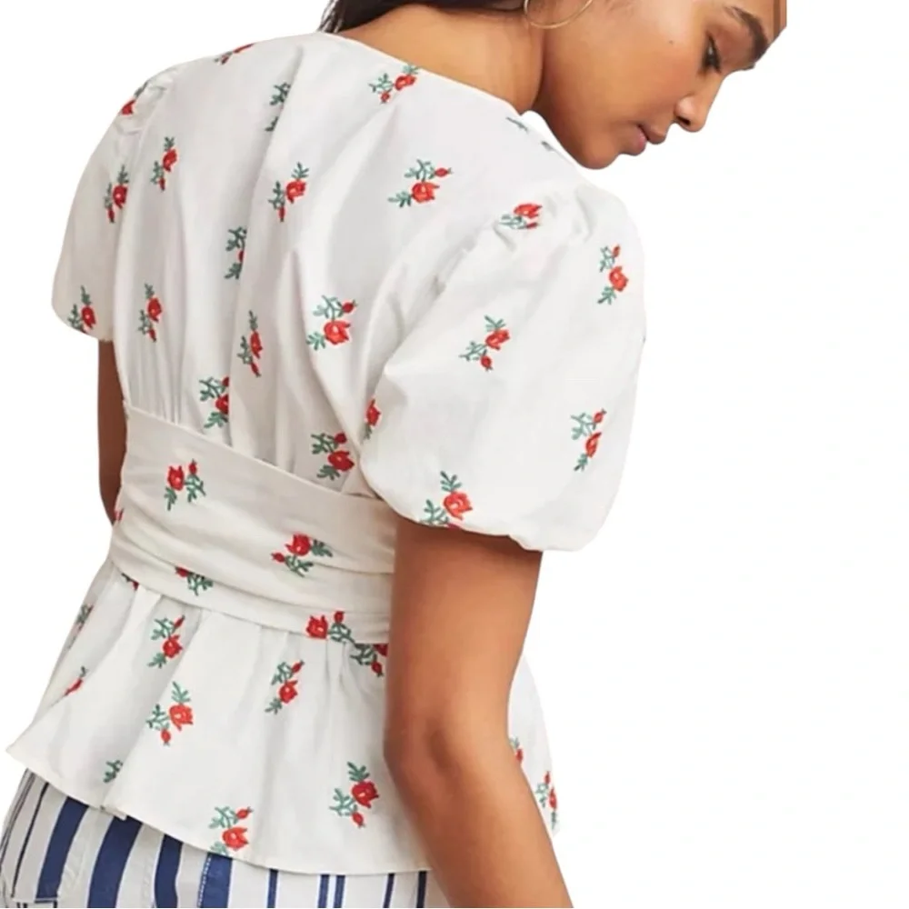 Anthropologie White Floral Tie-Waist Blouse with Red Roses